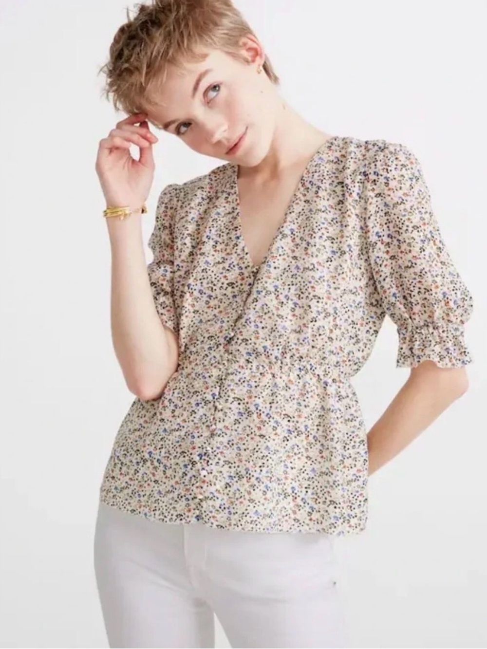 Madewell Cream Floral V-Neck Puff Sleeve Top